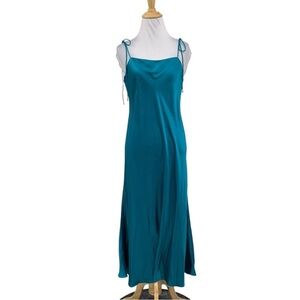 Dannijo Slip Dress Womens M Medium Blue Teal Silk Low Cut Back Tie Strap Midi